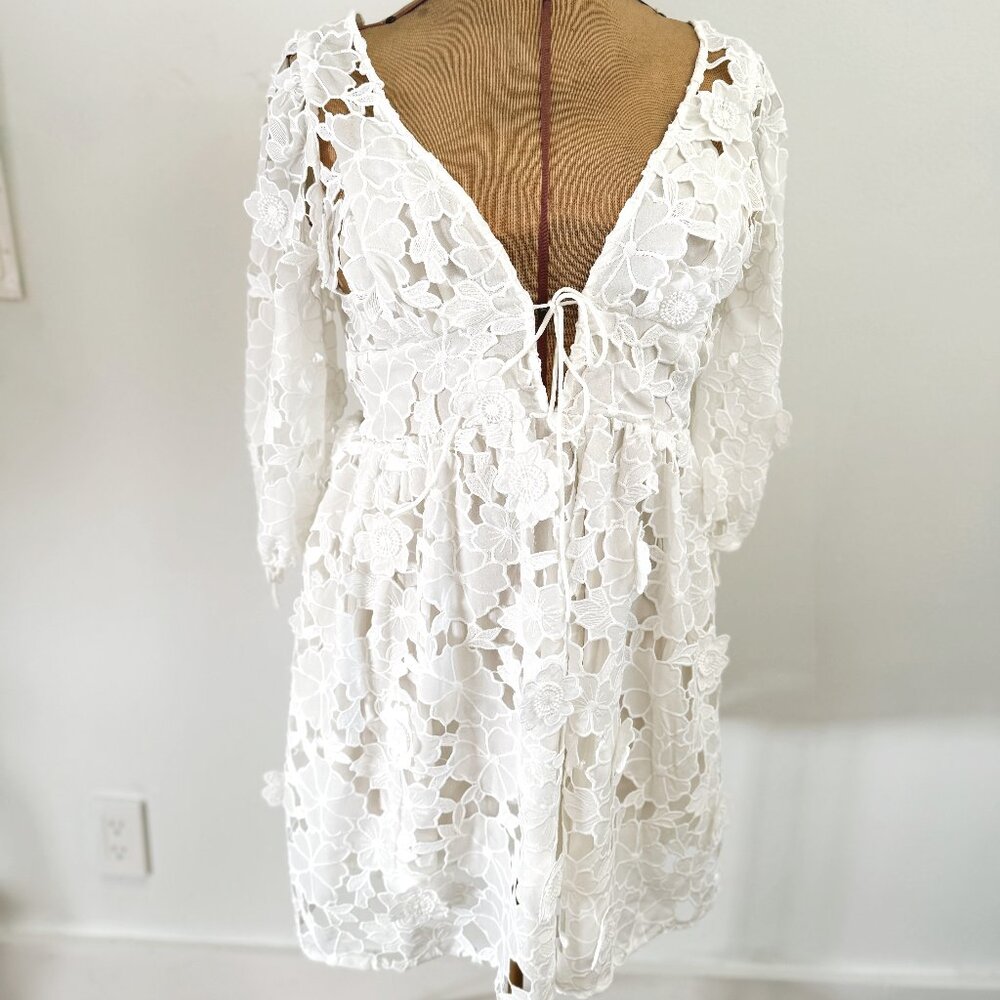 White Lace Mini Dress – 3D Applique, Long Sleeve, Open Back, Lined Skirt